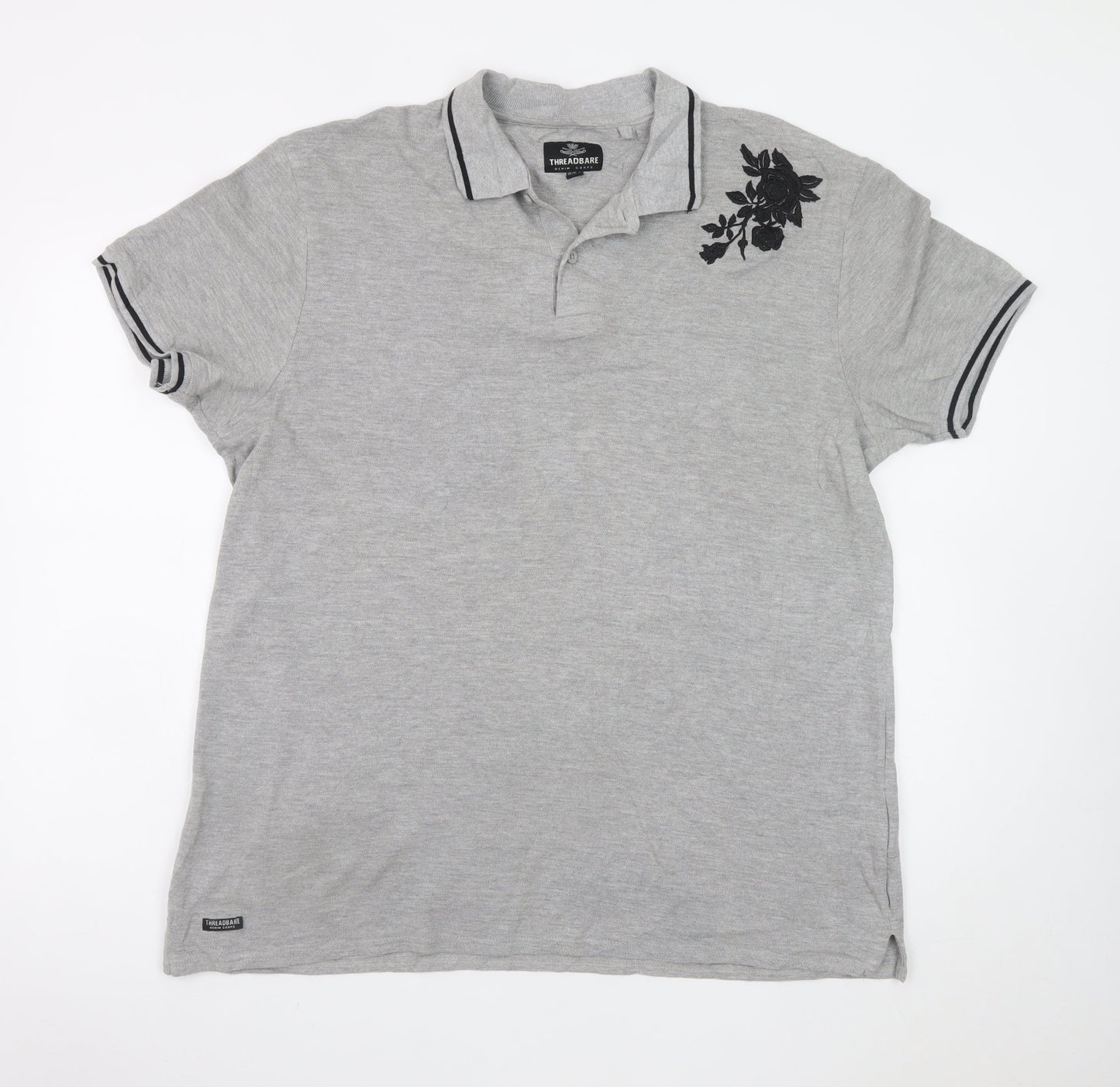Threadbare Mens Grey Floral Embroidered Polo Shirt XL