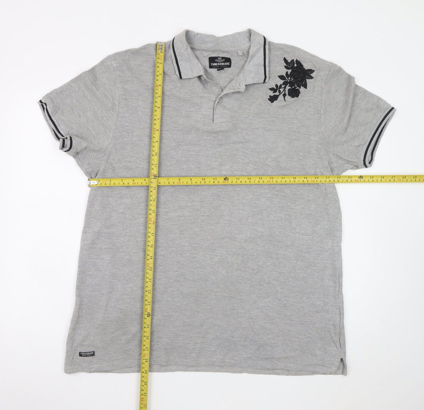 Threadbare Mens Grey Floral Embroidered Polo Shirt XL