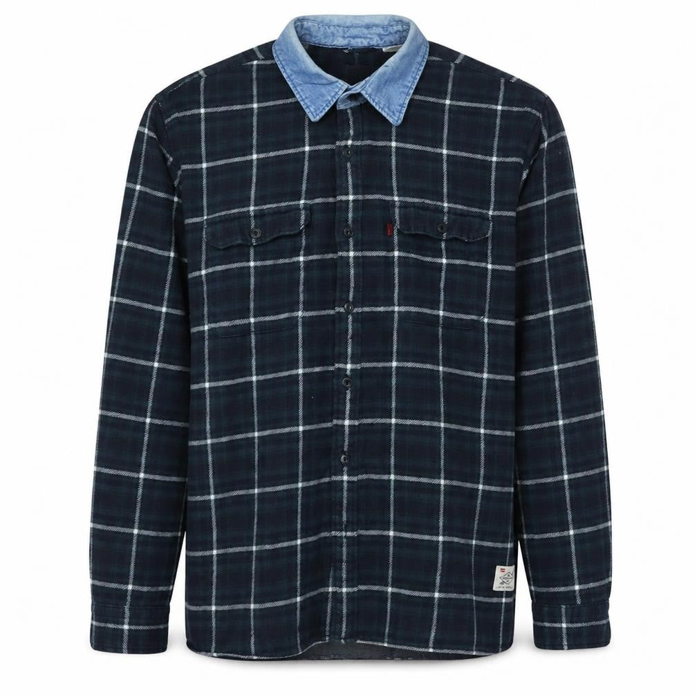 Levi's Men Blue Check Flannel Shirt XXL Long Sleeve Denim Collar