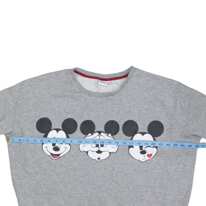 Brand and care label for Disney Women's Grey Mickey Mouse Pullover Sweatshirt, size M