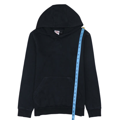 Close-up detail of Adidas boys’ black pullover hoodie, size 13-14, years cotton blend