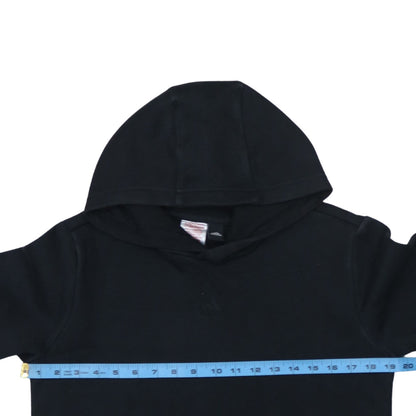 Brand and care label for Adidas boys’ black pullover hoodie, size 13-14, years cotton blend