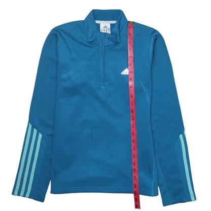Close-up detail of Adidas women’s blue climawarm 1/2 zip pullover sweatshirt uk 14