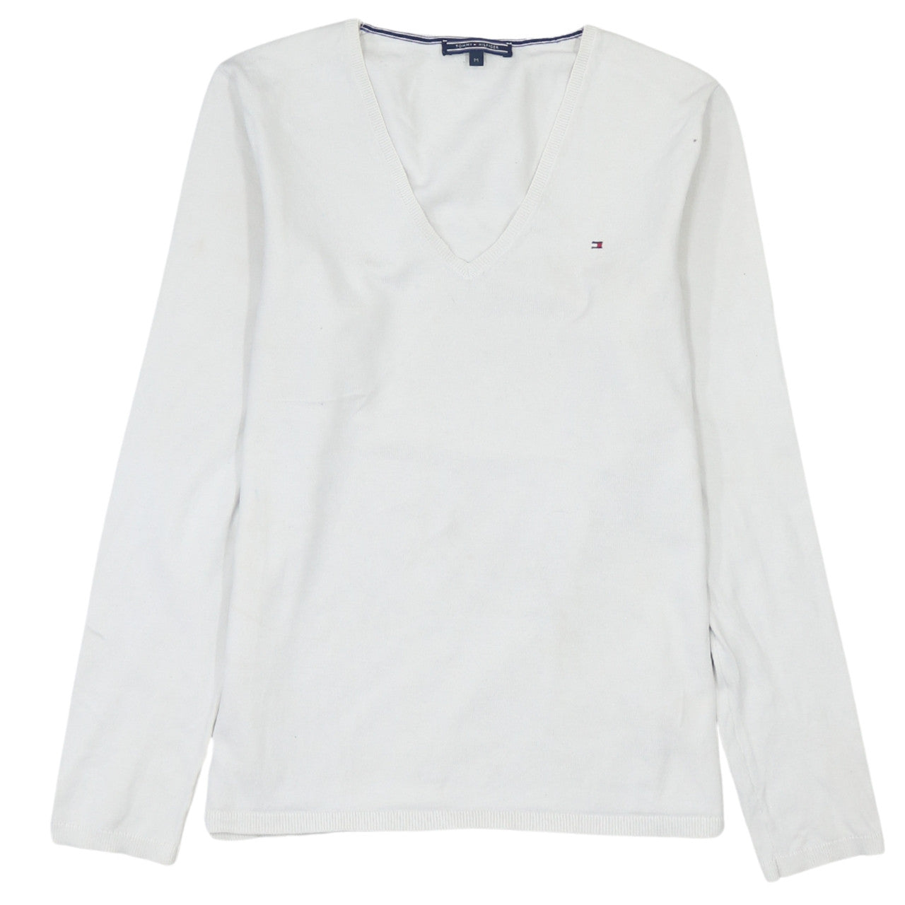 Tommy Hilfiger Women White Cotton V-Neck Long Sleeve Jumper M