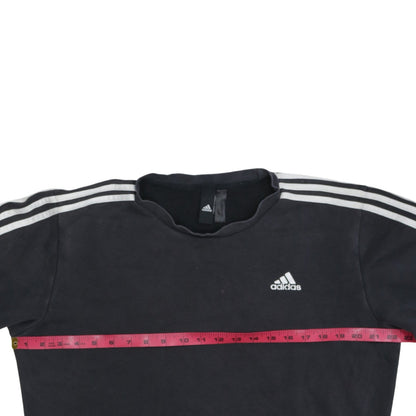 Brand and care label for Adidas women’s black crew neck long sleeve pullover sweatshirt, size M