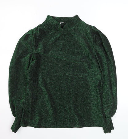 Additional front view of Gallery Women’s Green Glitter Mock Neck Long Sleeve jumper, size UK 8