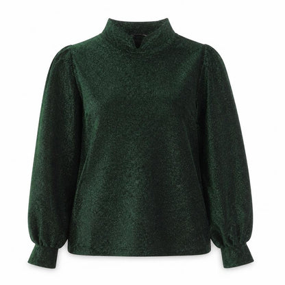 Front view of Gallery Women’s Green Glitter Mock Neck Long Sleeve jumper, size UK 8