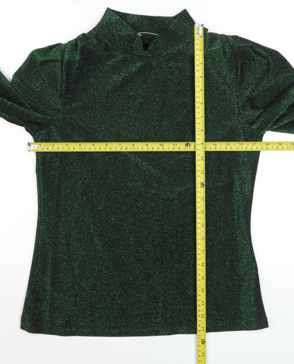 Back view of Gallery Women’s Green Glitter Mock Neck Long Sleeve jumper, size UK 8