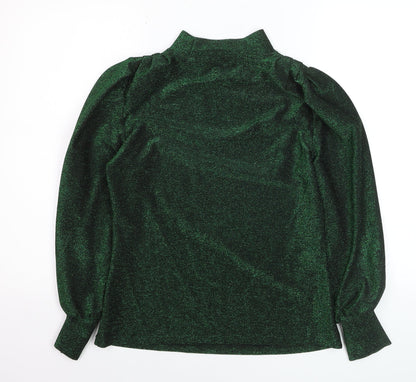 Close-up detail of Gallery Women’s Green Glitter Mock Neck Long Sleeve jumper, size UK 8