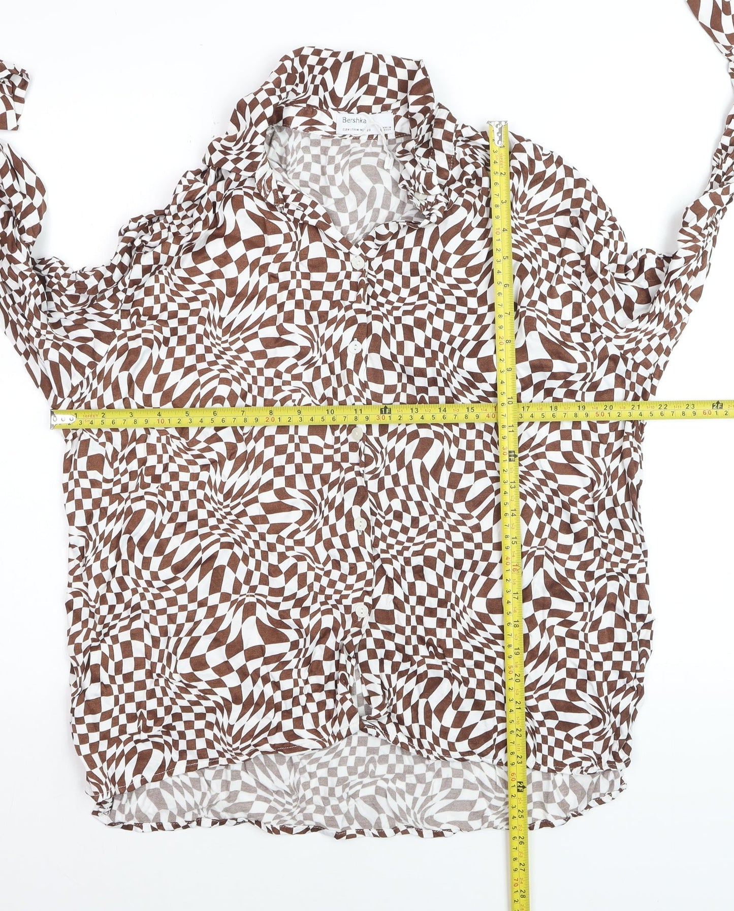 Bershka Women’s Brown Geometric Long Sleeve Button-Up Shirt Size 12