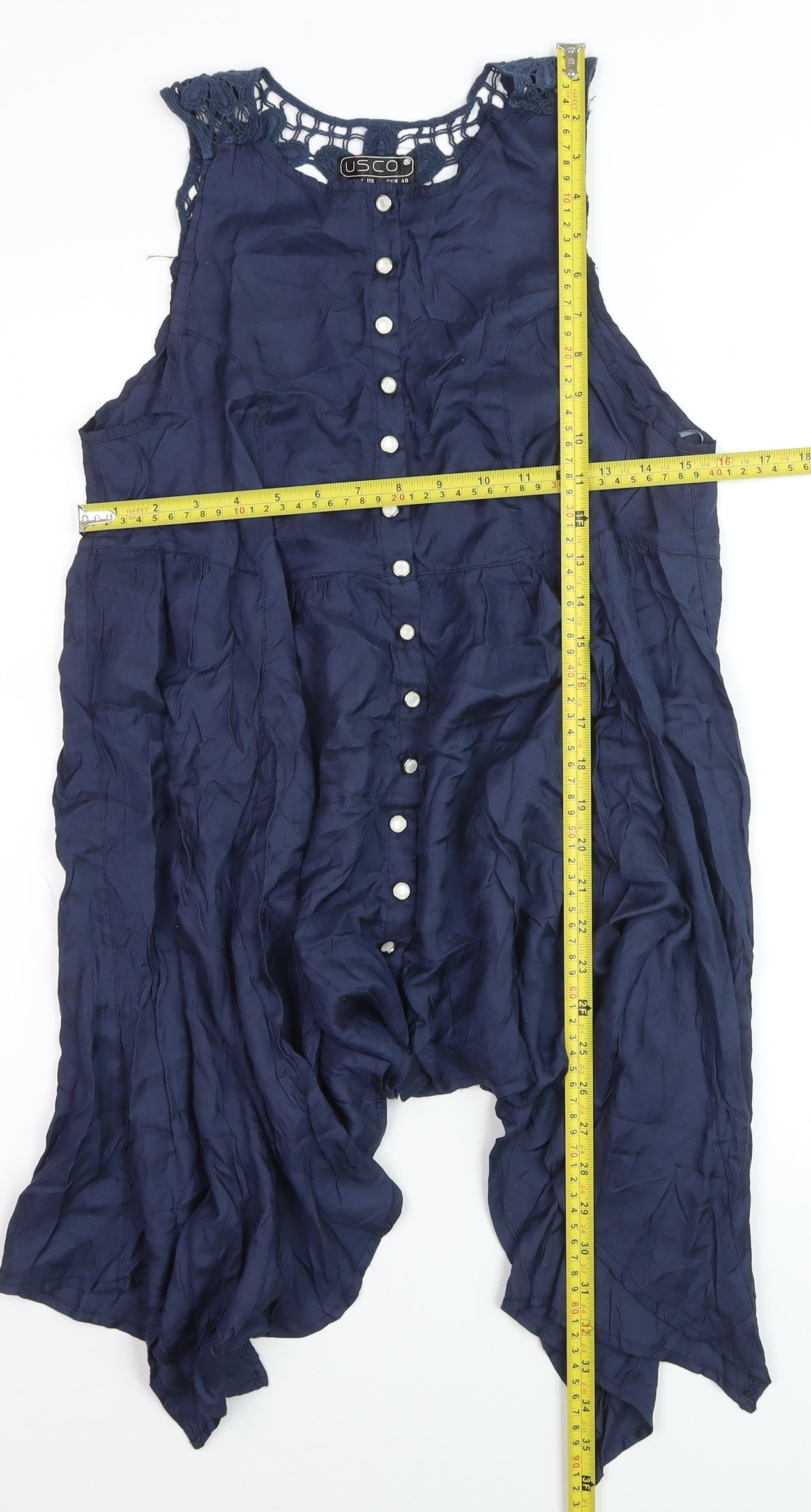 USCO Women's Blue Sleeveless Crochet Tunic Blouse Size 12
