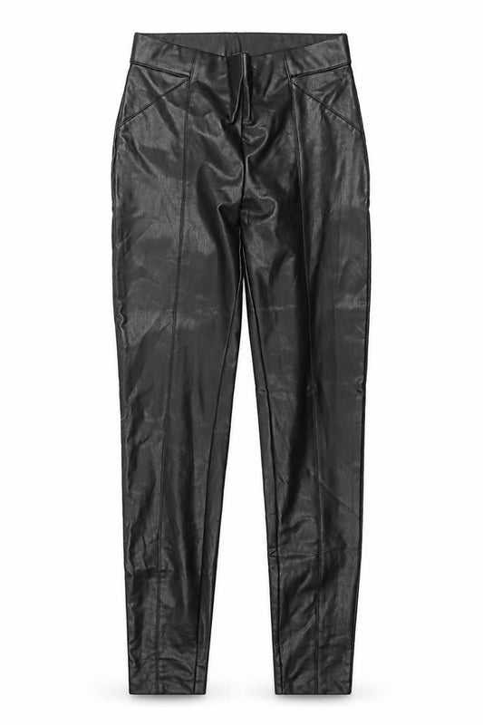 Front view of Only women’s black faux leather high rise xs leggings