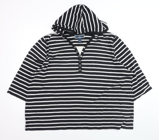 Karen Scott Women's Black Striped Hooded 3XL Cotton V-Neck Top