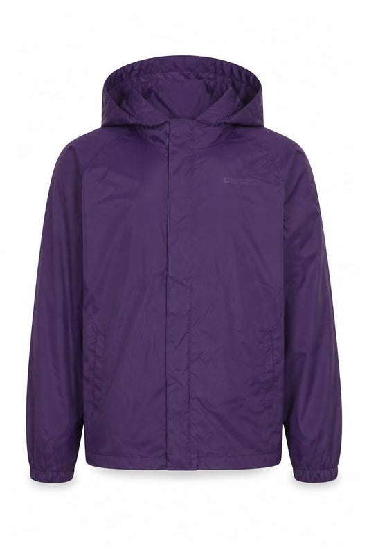 Front view of Mountain Warehouse girls’ purple waterproof hooded rain coat 13 years