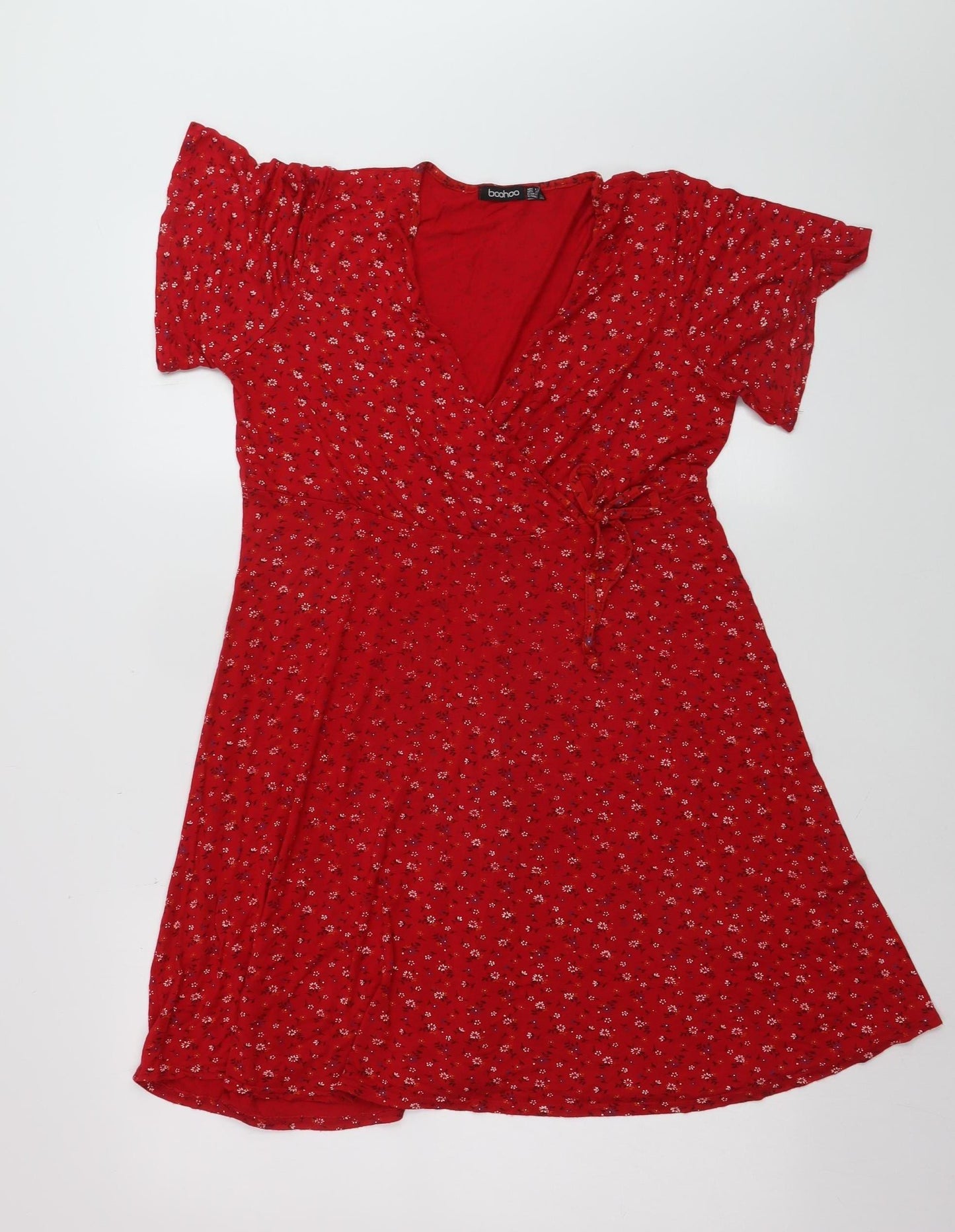 Boohoo Womens Red Floral Wrap Dress Size 12 Short Sleeve V-Neck