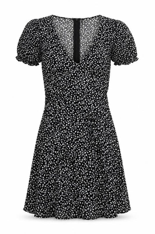 DIVIDED Women’s Black Floral Short A-Line Puff Sleeve Dress Size 4