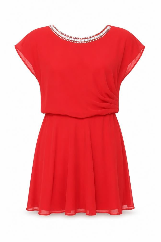 River Island Women Red Beaded Skater Dress Size 12 Party Short Sleeve