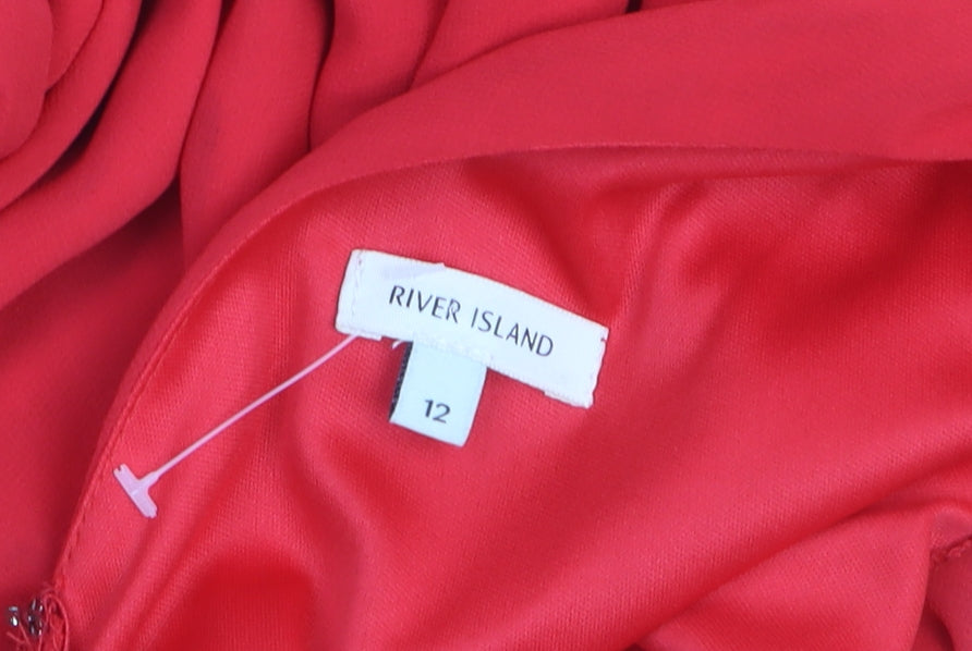 River Island Women Red Beaded Skater Dress Size 12 Party Short Sleeve