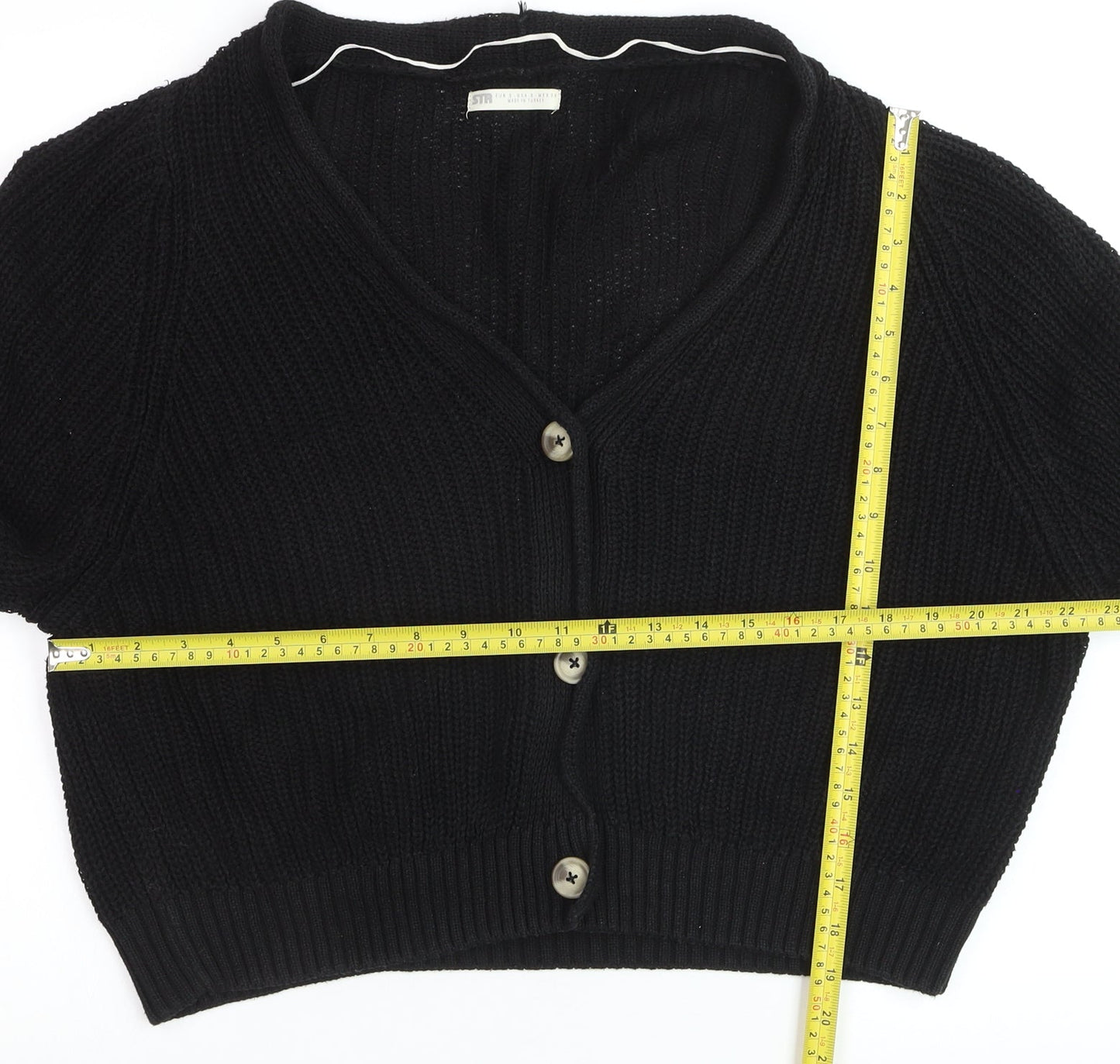 Stradivarius Women Black Cotton Knit Button Cardigan Size S