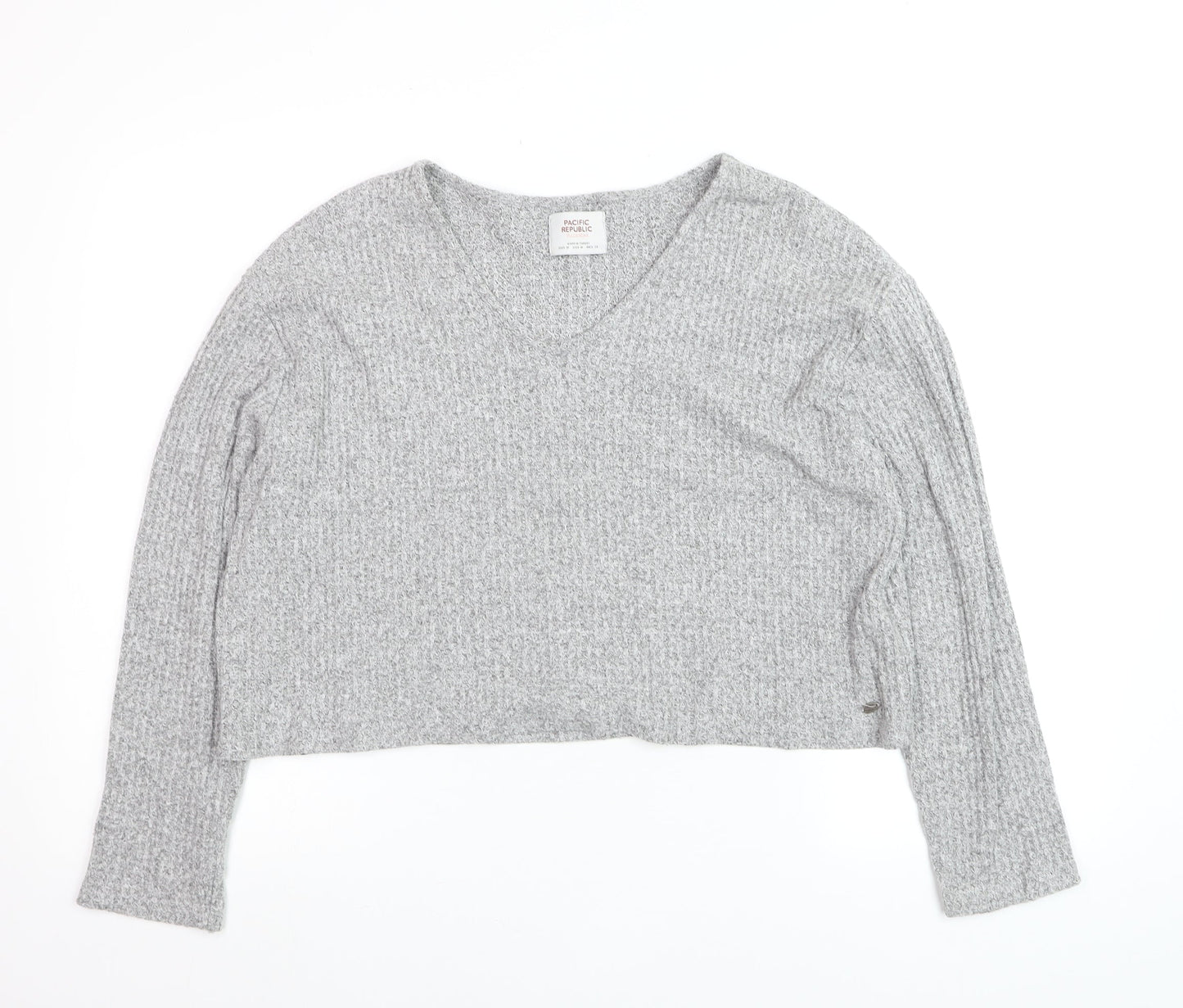 PULL&BEAR Womens Grey Waffle-Knit V-Neck Jumper Size 12