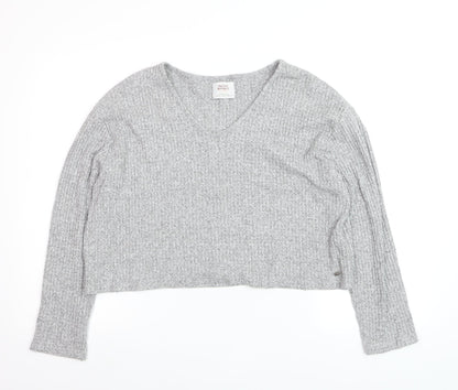 Pull&Bear Womens Grey Waffle-Knit V-Neck Jumper Size 12