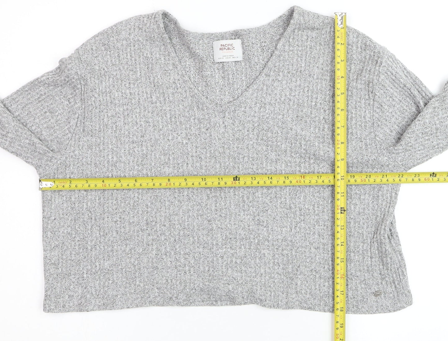 PULL&BEAR Womens Grey Waffle-Knit V-Neck Jumper Size 12