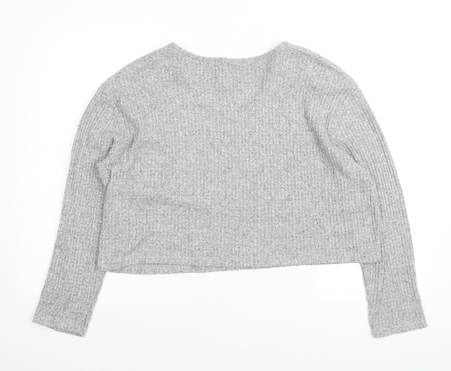 PULL&BEAR Womens Grey Waffle-Knit V-Neck Jumper Size 12