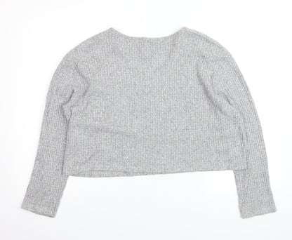 Pull&Bear Womens Grey Waffle-Knit V-Neck Jumper Size 12