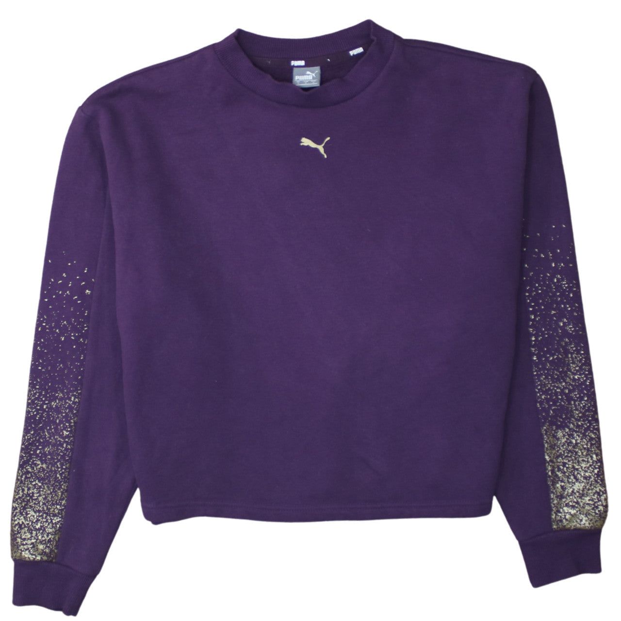 Puma Womens Purple Gold Logo Sweatshirt Size S Crew Neck Glitter Trim