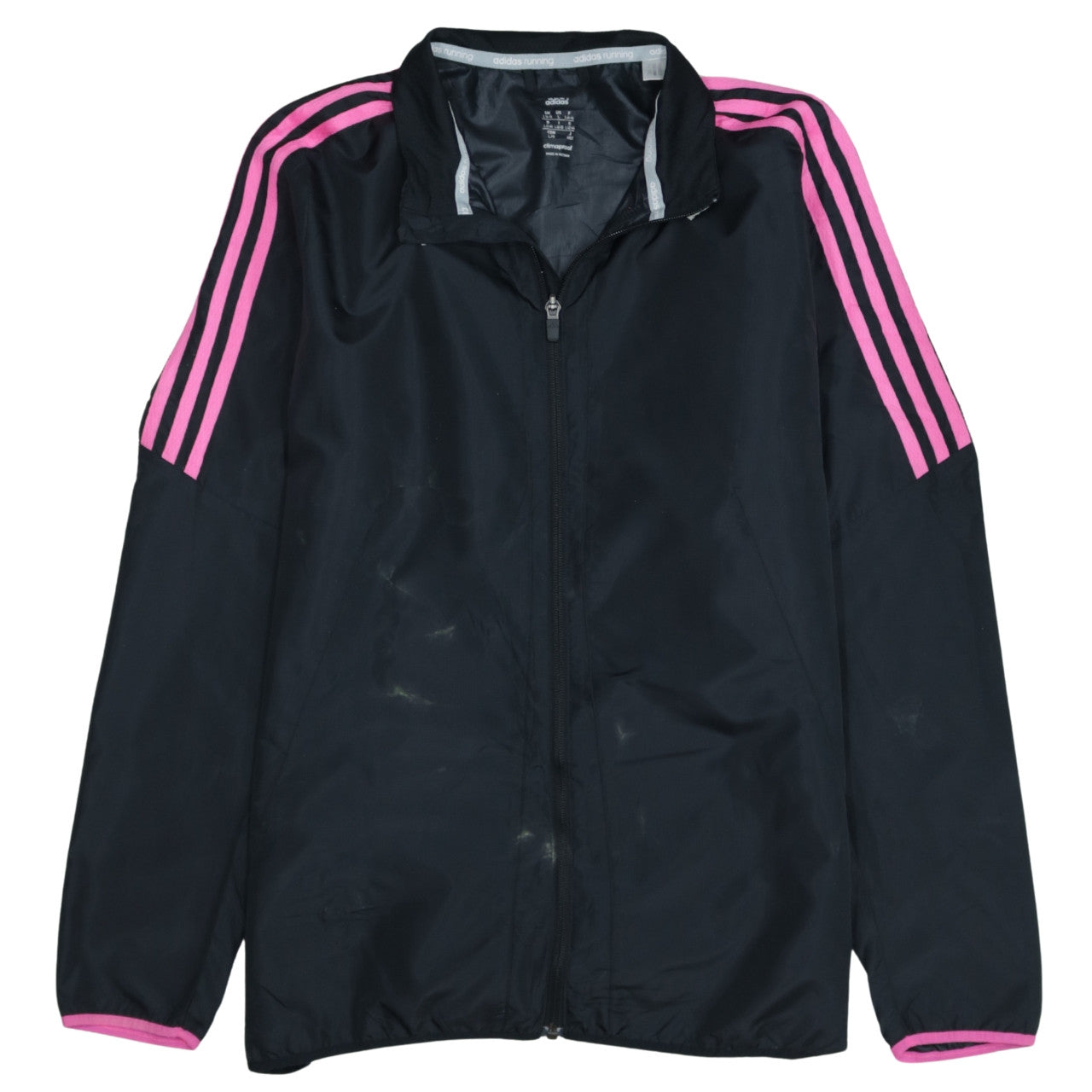 Adidas Womens Black Pink Stripe ClimaProof Full Zip Windbreaker Jacket L