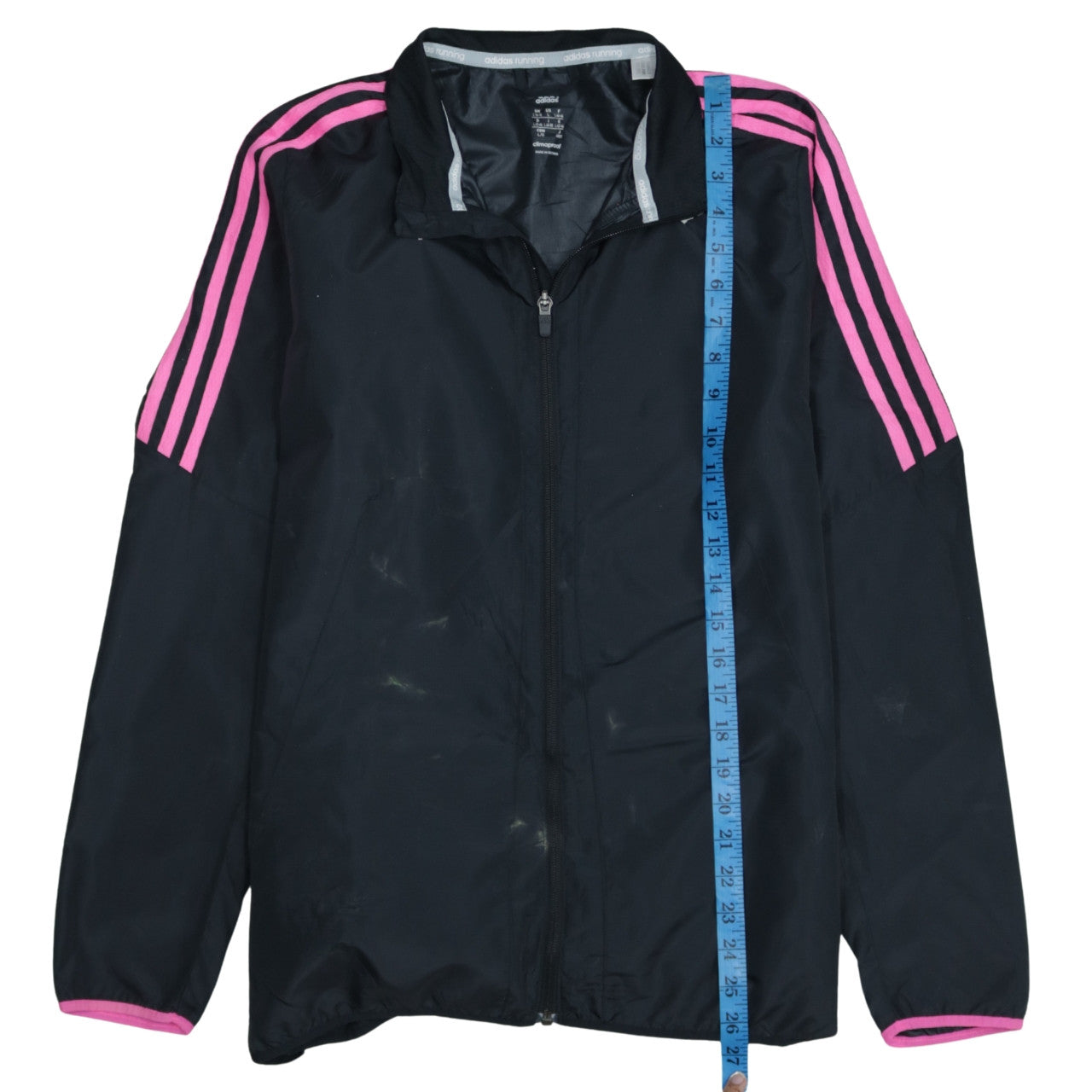 Adidas Womens Black Pink Stripe ClimaProof Full Zip Windbreaker Jacket L