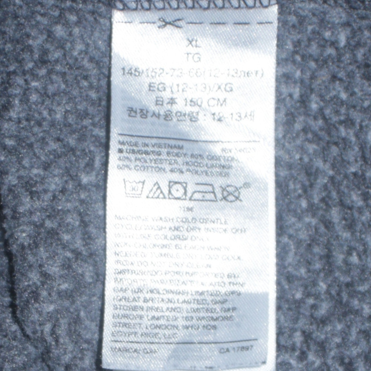GAP Kids Boys Charcoal Full Zip Hoodie Size XL (12-13 Years) Cotton Blend