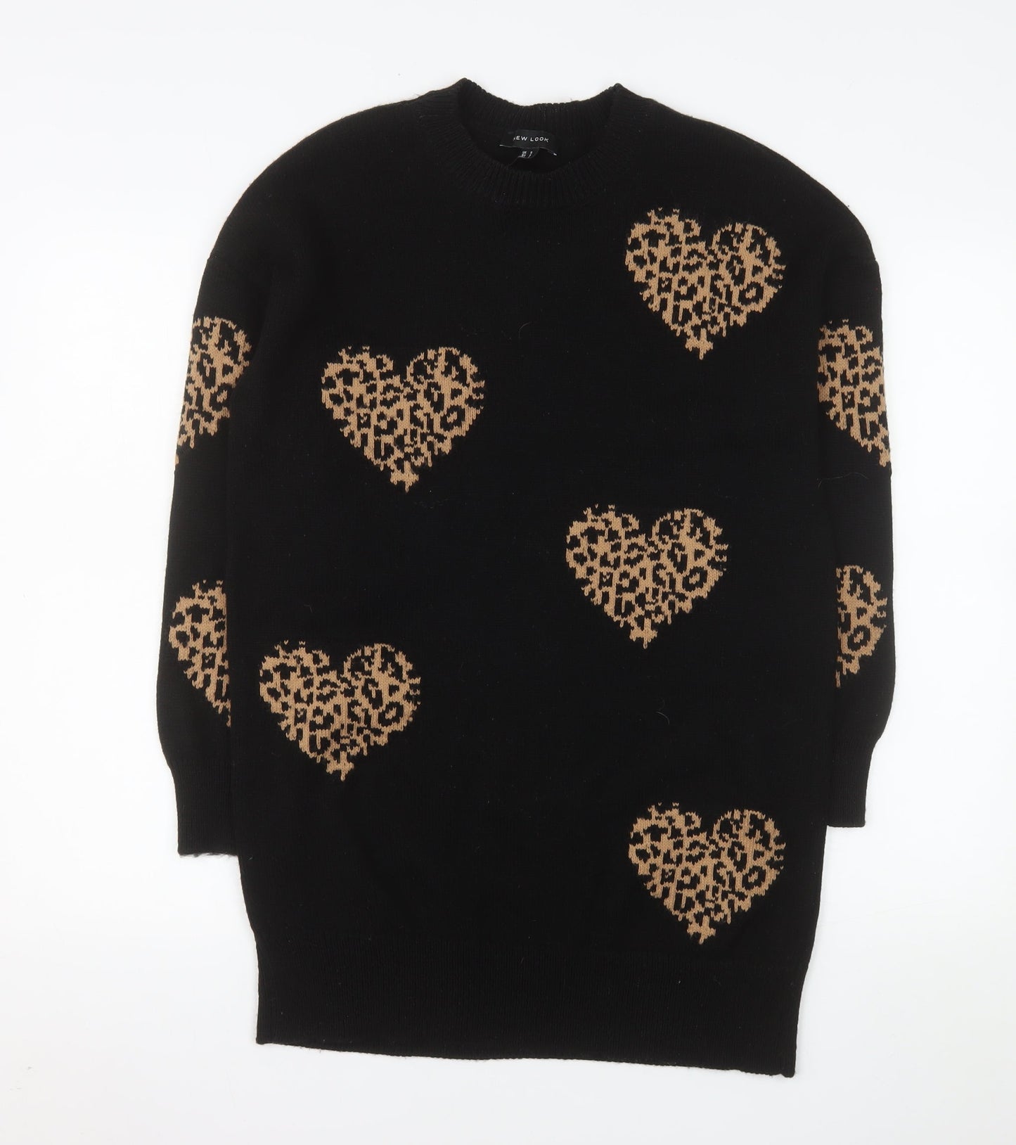 New Look Women's Black Heart Leopard Knit Pullover Jumper Size S