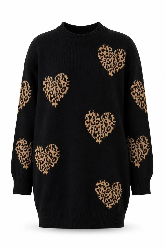 New Look Women's Black Heart Leopard Knit Pullover Jumper Size S