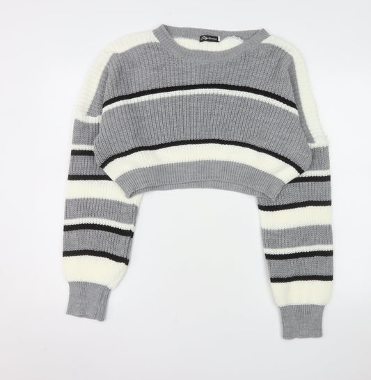 Stylewise Women Grey Striped Chunky Knit Crop Jumper M