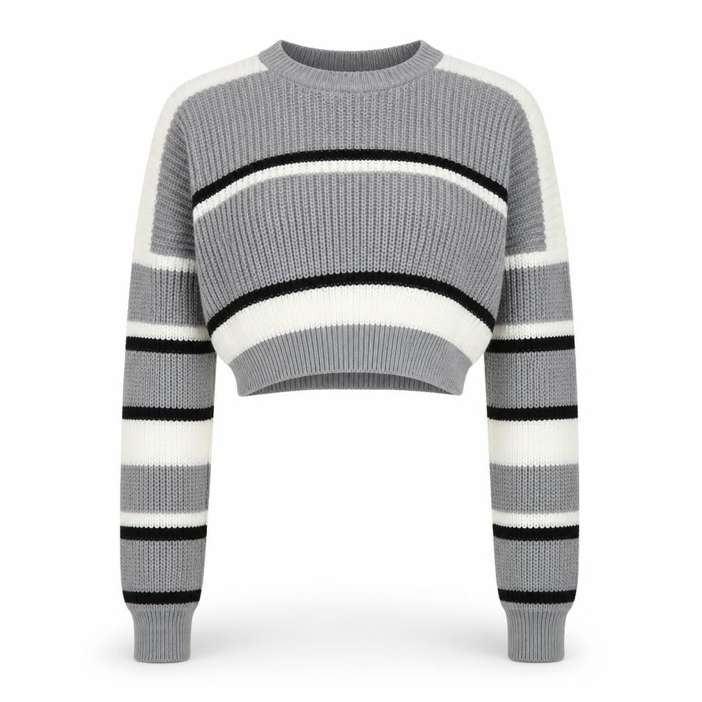 Stylewise Women Grey Striped Chunky Knit Crop Jumper M