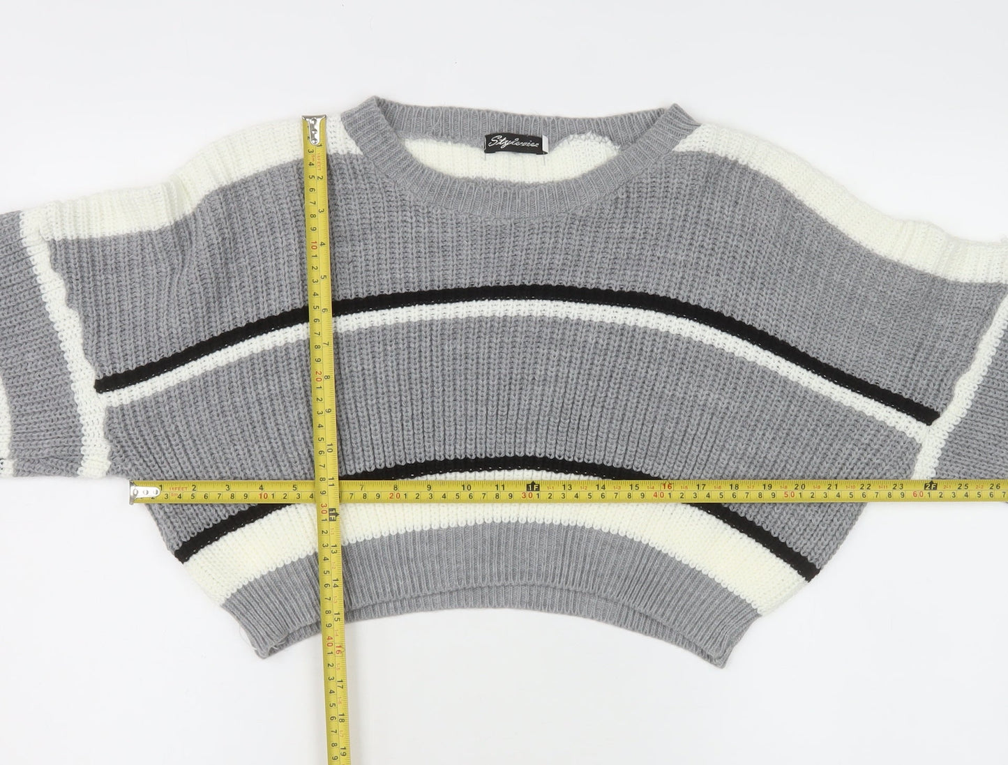 Stylewise Women Grey Striped Chunky Knit Crop Jumper M