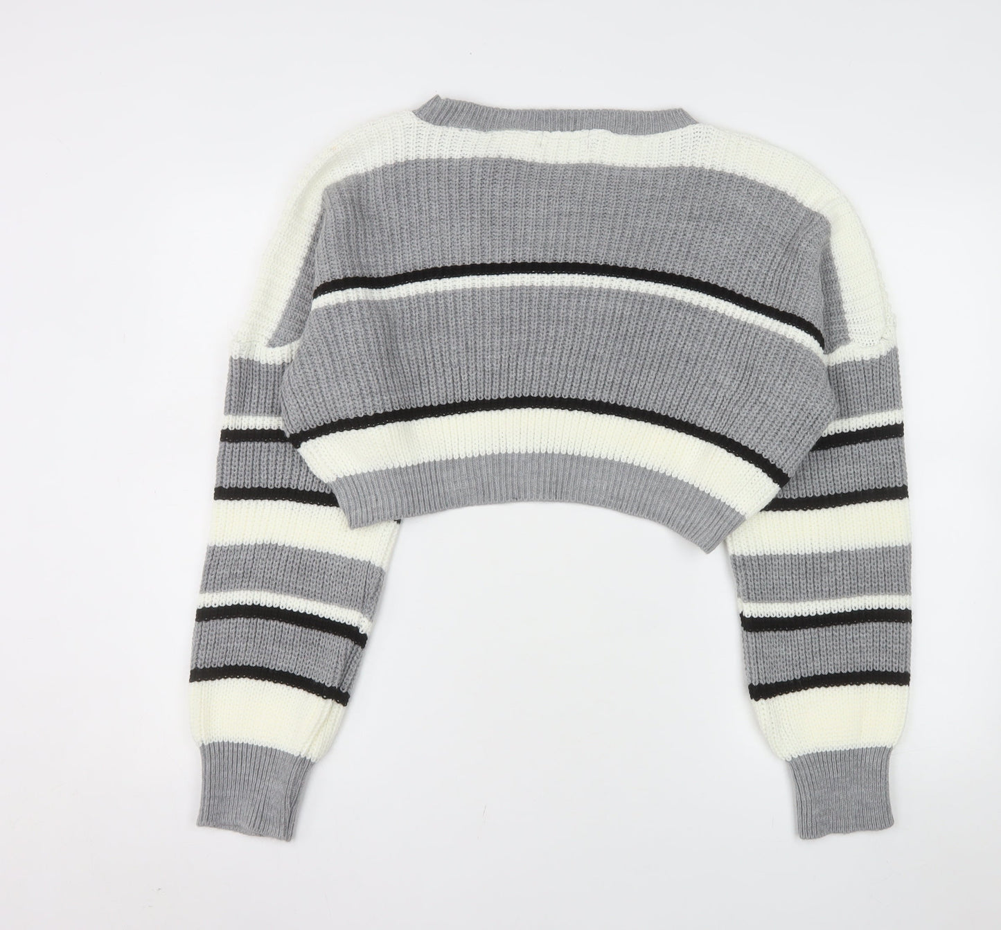 Stylewise Women Grey Striped Chunky Knit Crop Jumper M