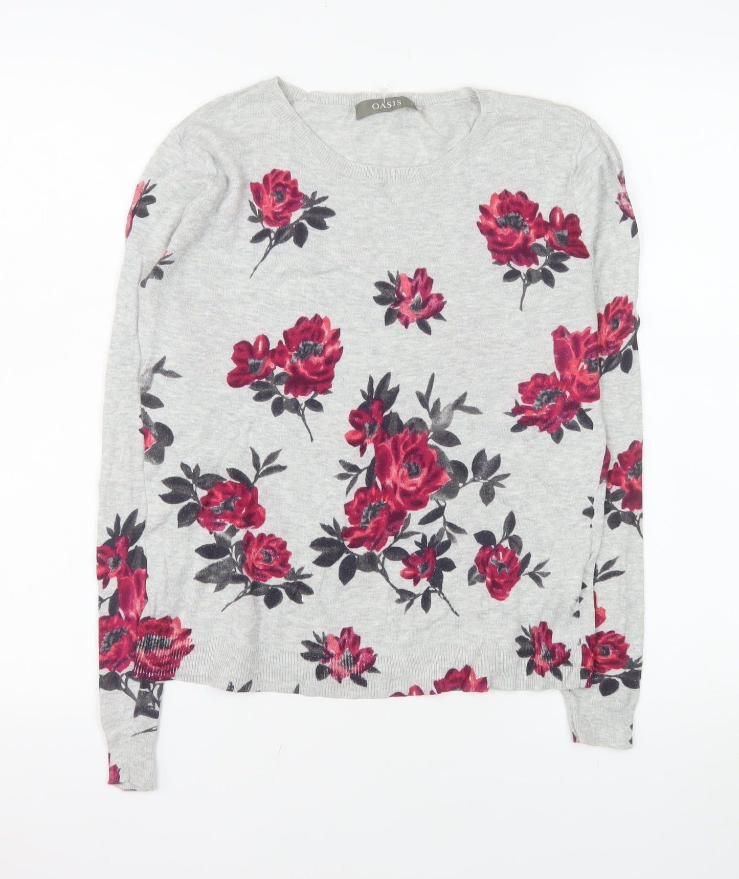 Oasis Women’s Grey Floral Cotton Crew Neck Pullover Jumper Size S