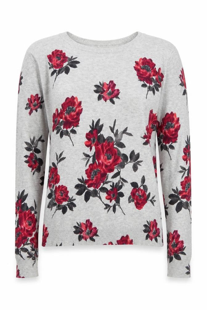 Oasis Women’s Grey Floral Cotton Crew Neck Pullover Jumper Size S