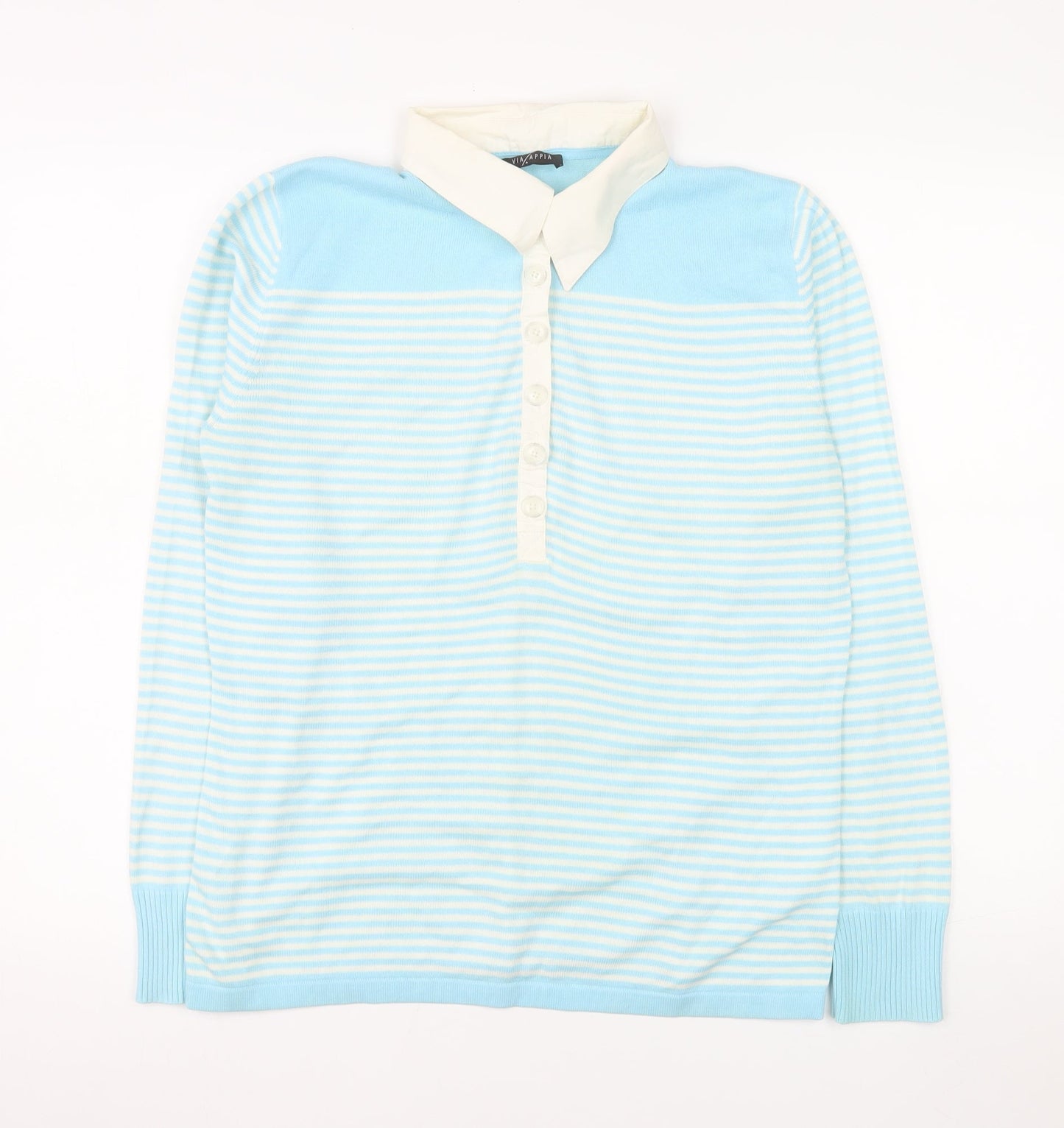 Via Appia Women's Blue Striped Collared Button-Up Top Size 12