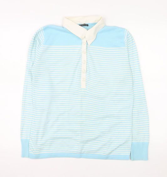 Via Appia Women's Blue Striped Collared Button-Up Top Size 12