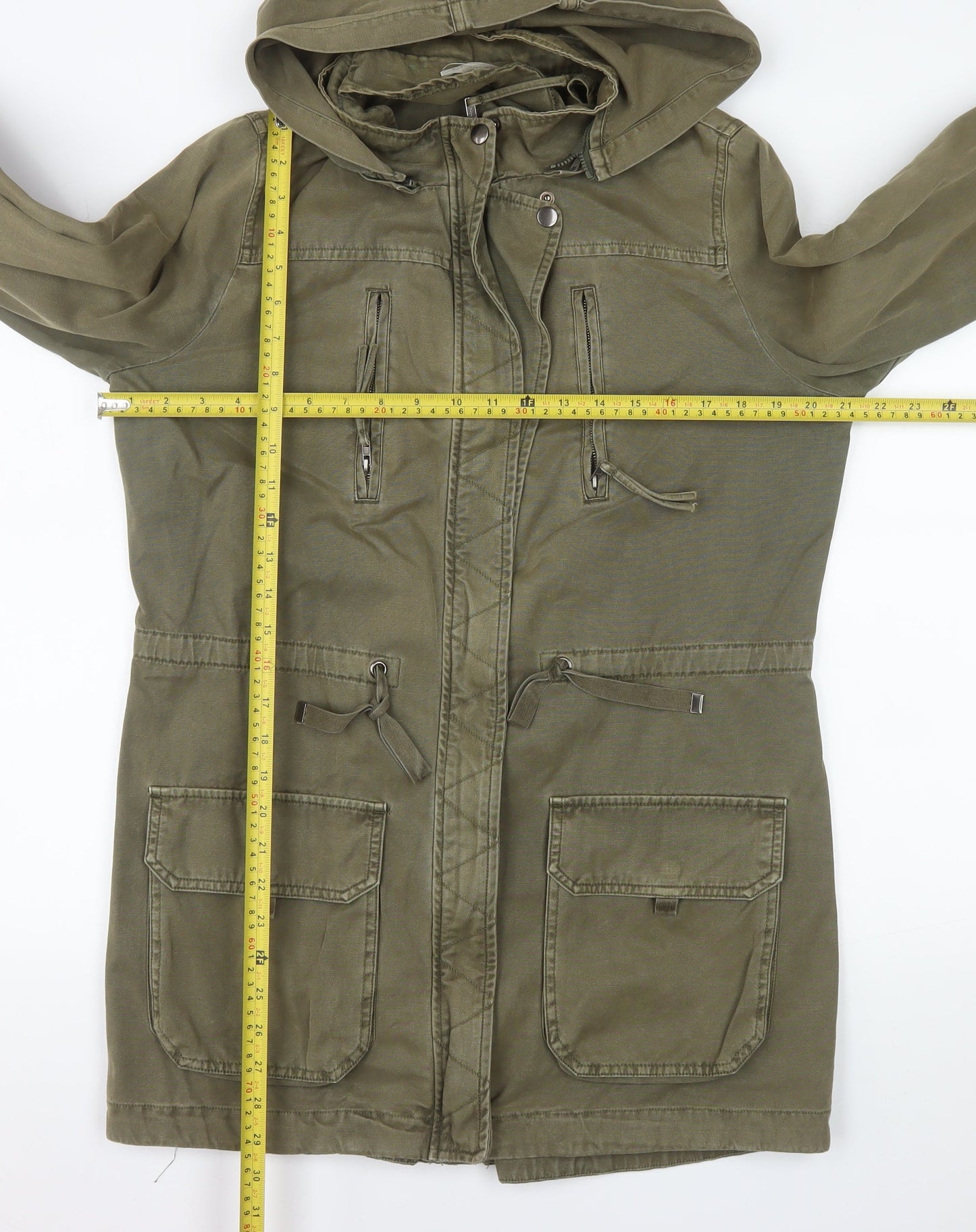 Promod Women’s Green Hooded Parka Jacket Size 16 Cotton Twill