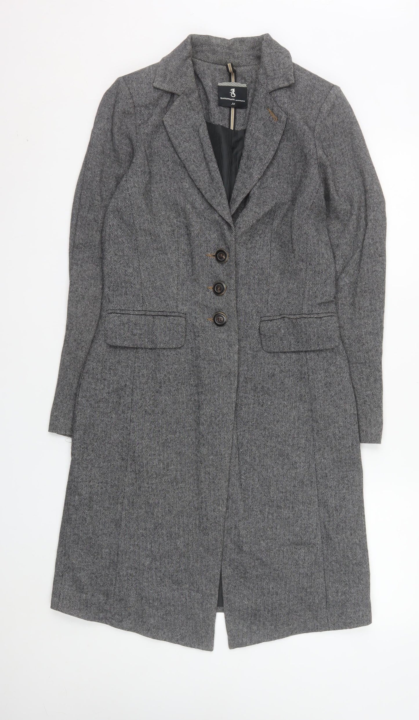 Summum Woman Grey Herringbone Wool Blend Long Overcoat Women’s Size 6