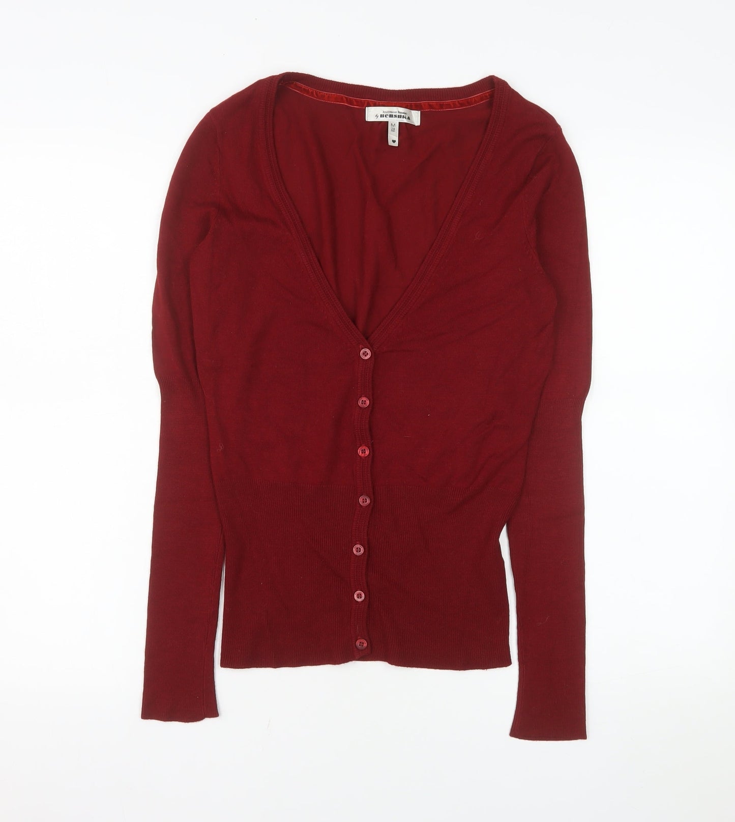 Bershka Women's Red V-Neck Long Sleeve Button Cardigan Size M