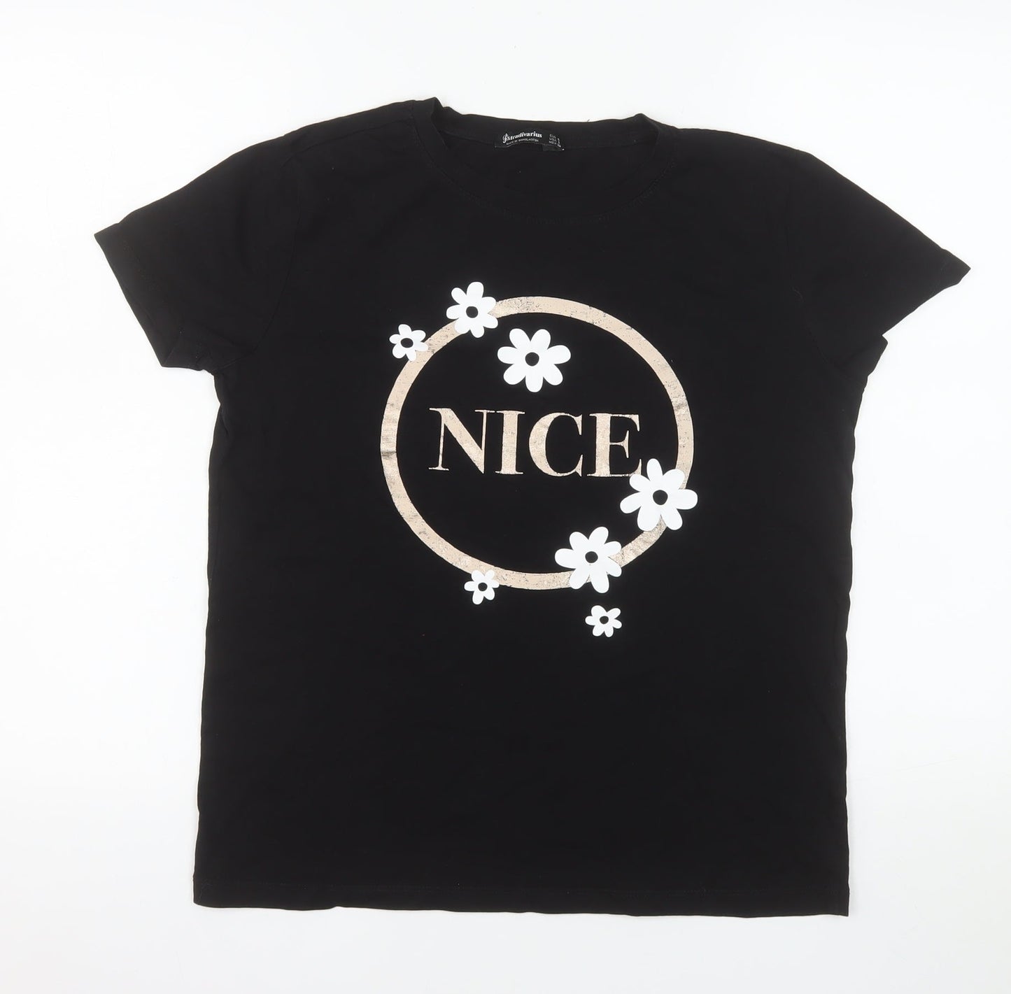 Stradivarius Women’s Black Cotton Floral NICE Print T-Shirt Size 8