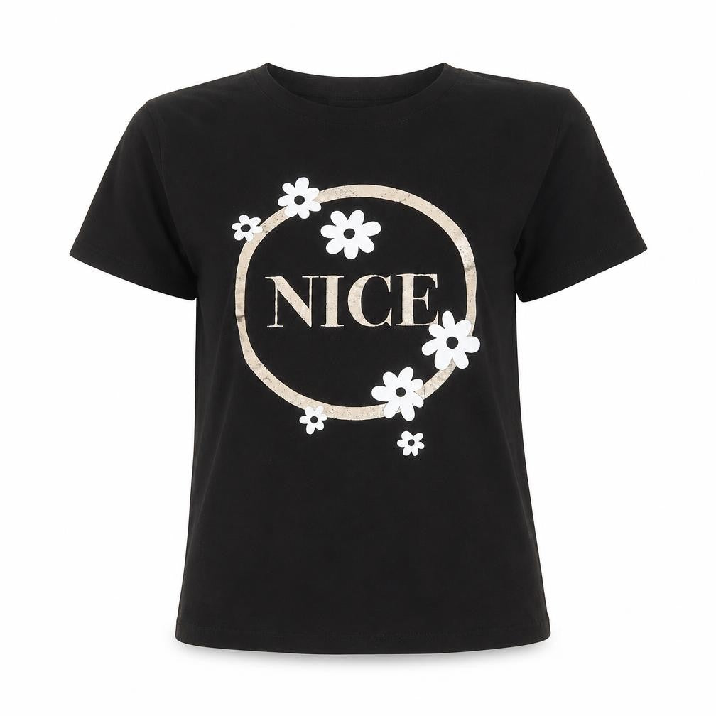 Stradivarius Women’s Black Cotton Floral NICE Print T-Shirt Size 8