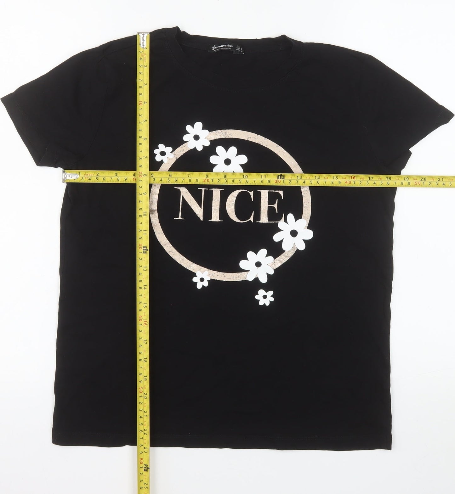 Stradivarius Women’s Black Cotton Floral NICE Print T-Shirt Size 8