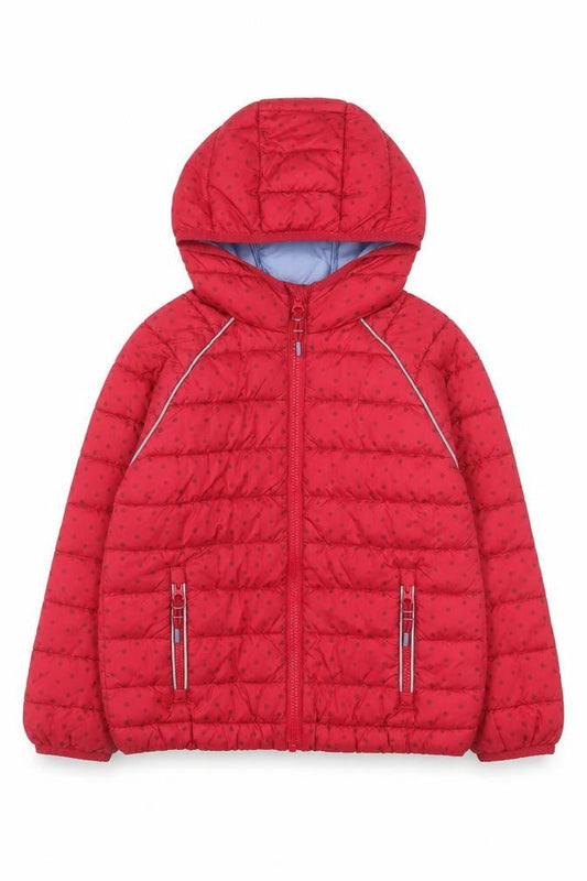 Front view of FatFace girls’ red polka dot puffer jacket 7-8 years hooded lined