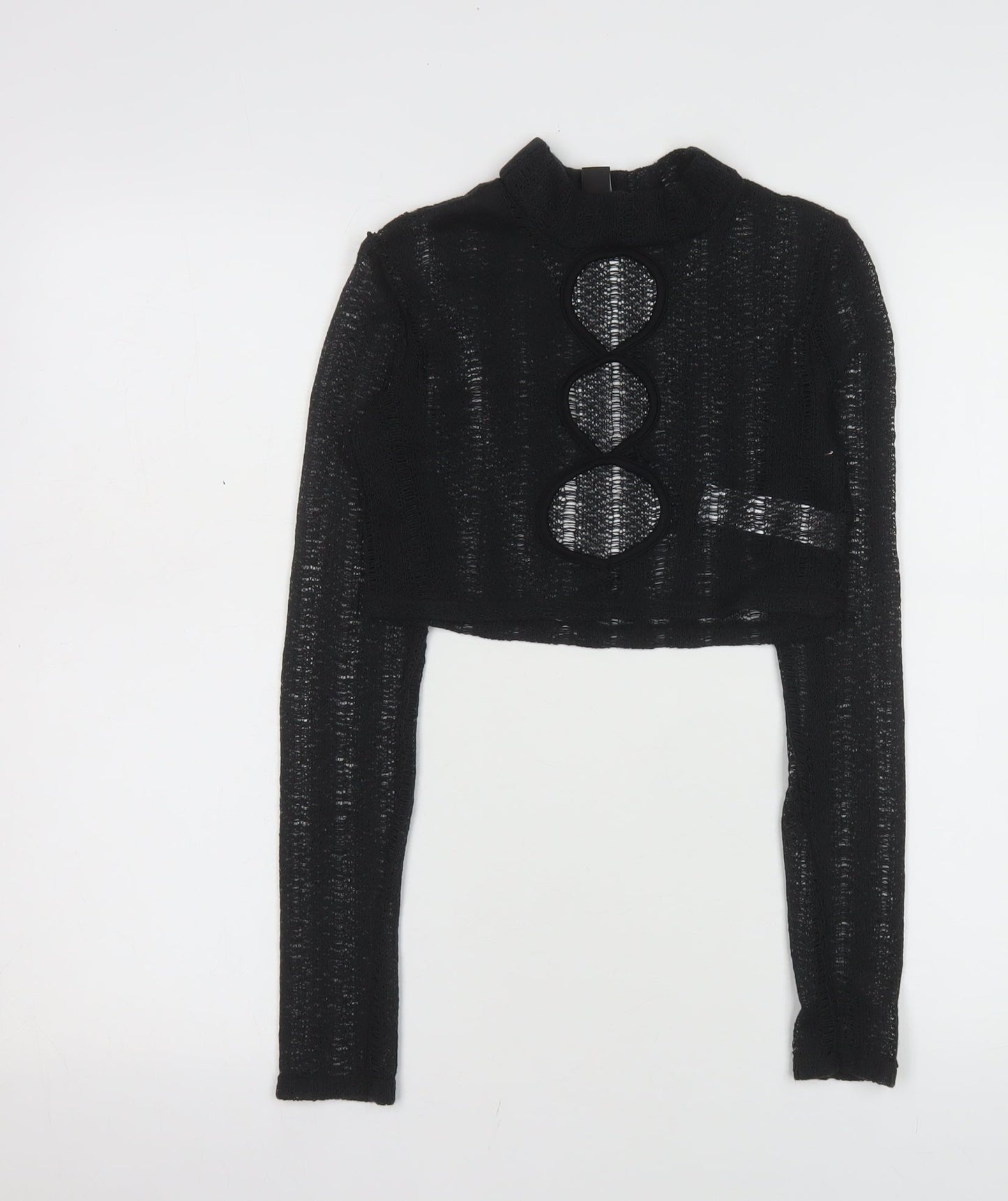 PrettyLittleThing Women's Black Mock Neck Open Knit Crop Jumper Size 6